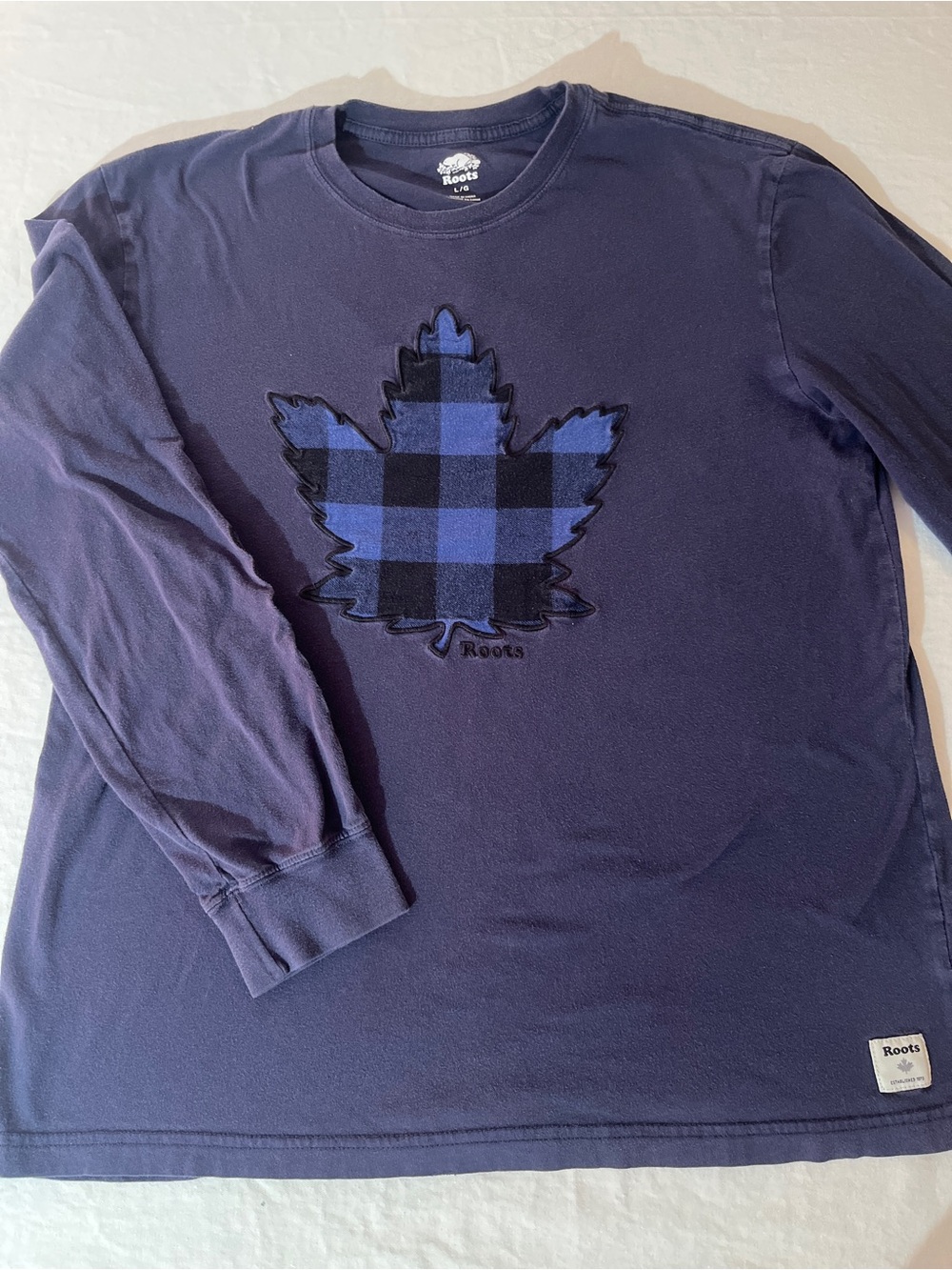 Roots Men's Navy Long Sleeve Tee with Blue & Black Plaid Maple Leaf